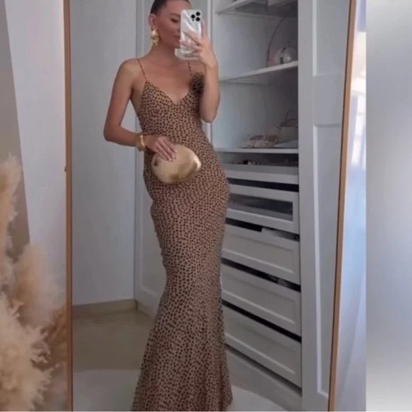 Zara Tan Maxi Dress with Black Dots - Picture 1 of 12